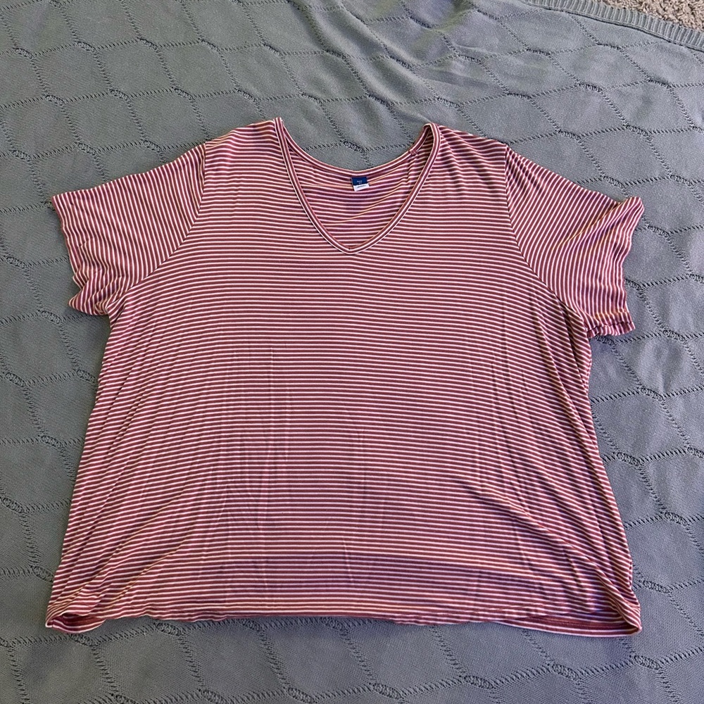 Old Navy Pink and White Striped V-Neck Tee